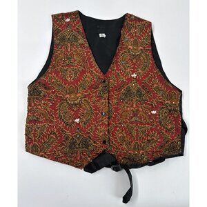 Vintage Beaded Vest Womens Tan Pearls Snap Adjustable Sleeveless Silky Boho 80s